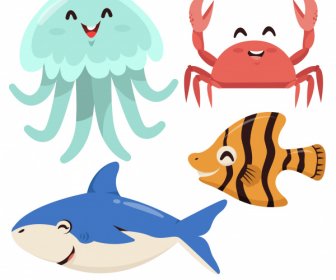 marine animals icons funny cartoon character sketch