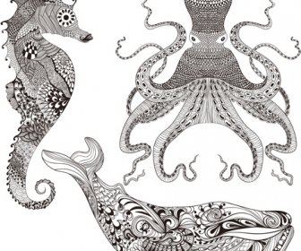 Marine Animals With Floral Pattern Vector
