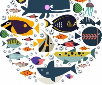 морских фоне разноцветных рыб иконы круг макет