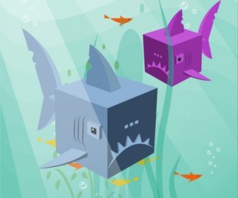 Marine Background Fish Icons Decor Cube Heads Style
