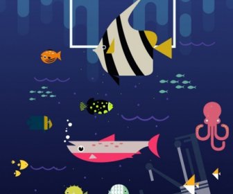 Marine Background Fishes Submarine Icons Colored Cartoon