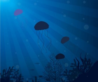 Marine Background Jelly Fishes Decoration Dark Blue Design