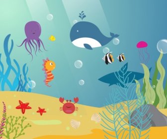 Marine Background Ocean Animals Icons Colorful Cartoon Style