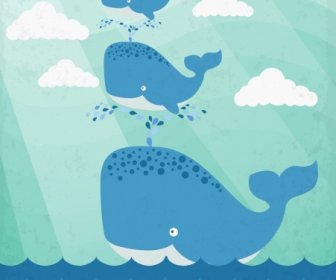 Marine Background Playful Whales Icons Colored Cartoon Design
