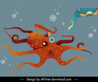 Marine Background Swimming Octopus Fish Sketch