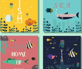 Marine Book Cover Templates Fish Icons Colored Cartoon