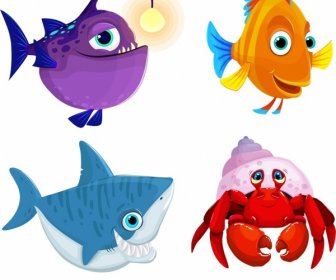 marine creature icons cute cartoon fish crab sketch