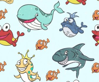 Criaturas Marinhas Fundo ícones Coloridos Desenhos Animados Estilizados