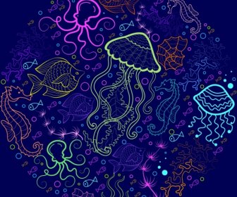 Marine Creatures Background Colorful Sketch