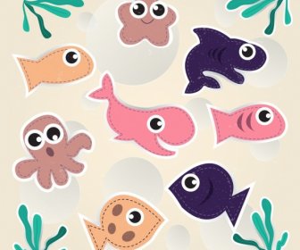 Marine Creatures Background Multicolored Paper Cut Icons