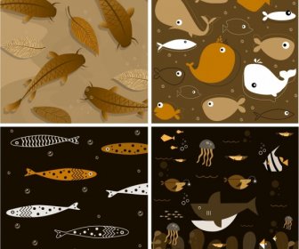 Marine Creatures Background Sets Dark Black Brown Design