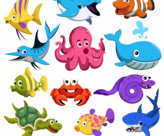 Marine Creatures Icons Cute Colored Cartoon Sketch