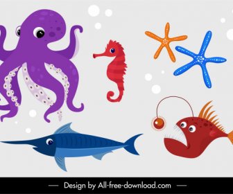 marine creatures icons fishes seahorse starfish octopus sketch