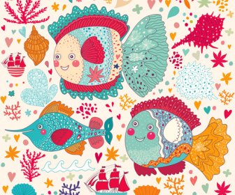 Marine Elements And Fish Floral Background Vector