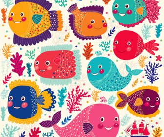 Marine Elements And Fish Floral Background Vector