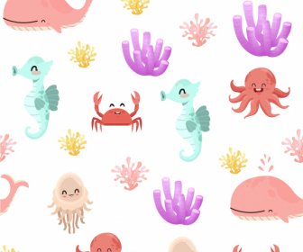 Marine Elements Pattern Colorful Cute Repeating Design
