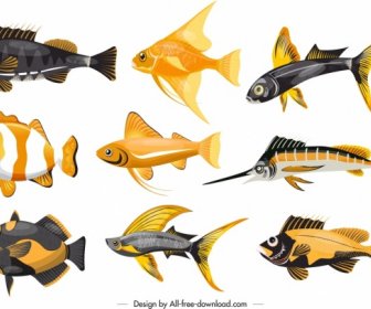 Marine Fishes Icons Colorful Shapes Sketch