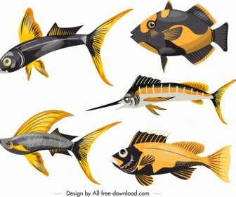 ícones De Peixes Marinhos Brilhantes Coloridos Esboço Moderno