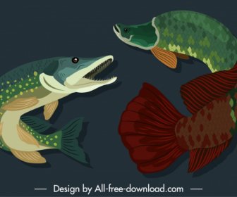 Ikon Spesies Ikan Laut Berwarna Sketsa Gerakan