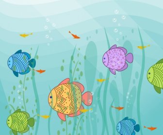 Kehidupan Laut Menggambar Ikon Ikan Warna-warni Handdrawn