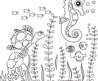 해양 생물 그리기 귀여운 손으로 그린 스케치
