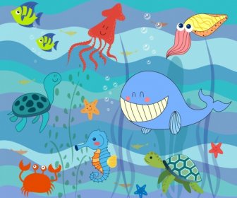 Vida Marina Dibujo Iconos De Criaturas Del Océano Estilizado Diseño