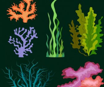 Marine Plant Icons Colorful Flat Ornament