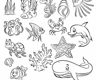 海洋種アイコン黒白手描き漫画スケッチ