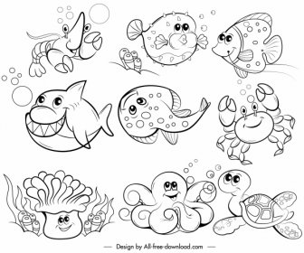 Marine Species Icons Black White Handdrawn Cartoon Sketch