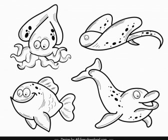 Marine Species Icons Black White Handdrawn Cartoon Sketch
