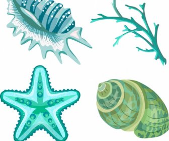 해양 종 아이콘 쉘 산호 불가사리 스케치 블루