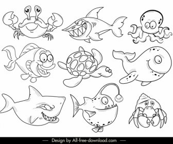 Marine Species Icons Cartoon Characters Black White Handdrawn