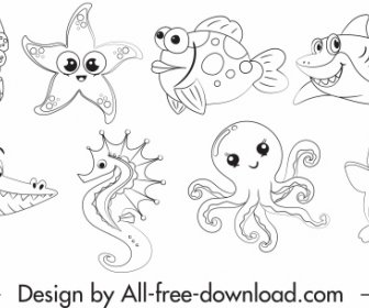 Marine Species Icons Cartoon Sketch Black White Handdrawn