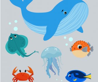 marine species icons colorful flat cartoon sketch
