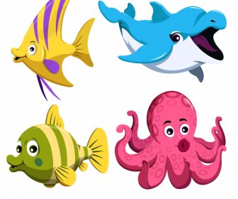 Marine Species Icons Cute Cartoon Fish Octopus Sketch