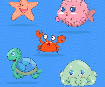 Marine Species Icons Cute Cartoon Sketch