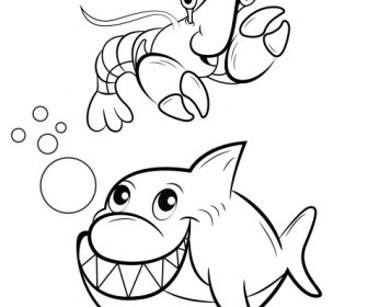 Marine Species Icons Funny Cartoon Character Handdrawn Sketch