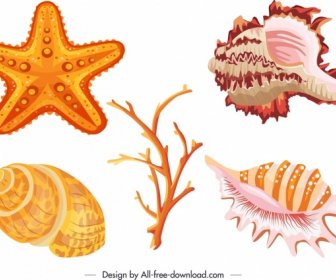 해양 종 아이콘 쉘 산호 불가사리 스케치