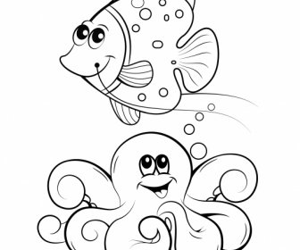 Marine Species Icons Stylized Cartoon Character Handdrawn Sketch