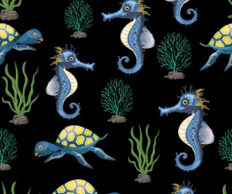 Espécies Marinhas Padrão Hippocampus Tartaruga ícones Coral Decoração