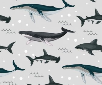 Морские виды узор киты акулы значки повторяющийся дизайн