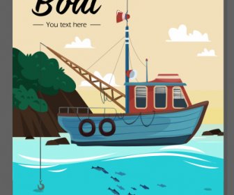 Maritime Banner Fishing Boat Sea Scene Sketch