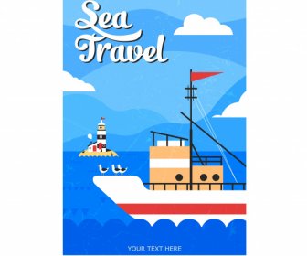 海上カード テンプレート船灯台スケッチ フラット クラシック