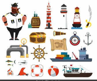 Maritime Design-Elemente Bunte Meer Symbole Skizze