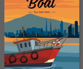 maritime poster fishing boat port scene sketch