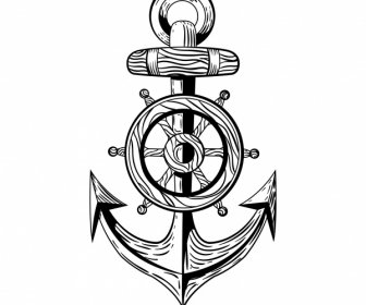 Maritime Tattoo Template Black White Anchor Steering Wheel