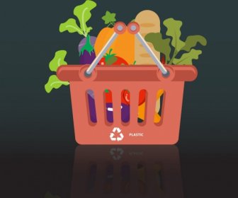 рынка покупки концепции фон пластиковые корзины овощной значки