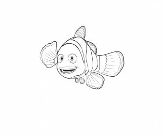 Marlin Encontrando El Icono De Nemo Blanco Negro Dibujado A Mano Contorno De Dibujos Animados