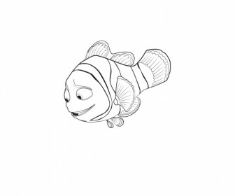 Marlin Menemukan Ikon Nemo Karakter Kartun Lucu Garis Besar Gambar Tangan