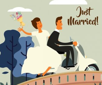 Pernikahan Latar Belakang Jembatan Pengantin Laki-laki Sepeda Motor Ikon Kartun Berwarna